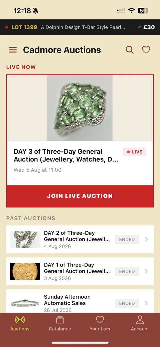 The auctions screen, with the live sale at the top and past sales below
