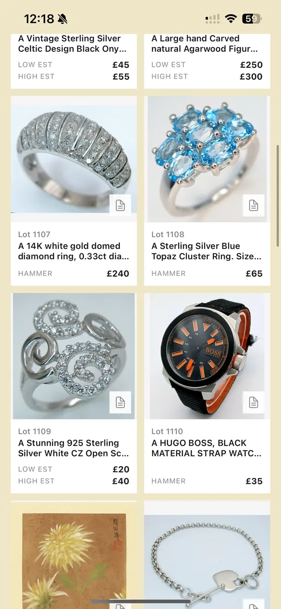 The catalogue in the app, a grid of lots with estimates and hammer prices